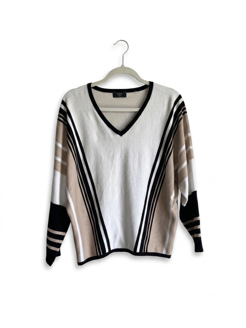 Tahari Womens Colorblock Striped V-Neck Knit Sweater White Beige Black Oversized